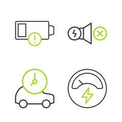 Set line Voltmeter, Electric car, motor and Low battery icon. Vector