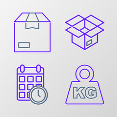 Set line Weight, Cardboard box with calendar, Unboxing and Carton cardboard icon. Vector