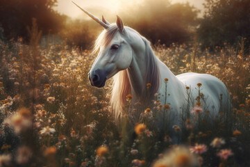 Obraz na płótnie Canvas A white unicorn in a flower field generative ai