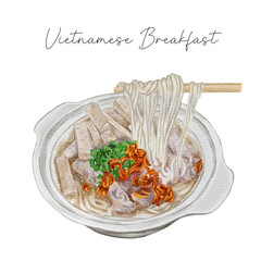 Watercolor Painting of Vietnamese Rice Noodles Soup