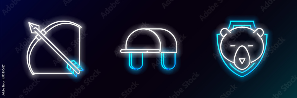 Wall mural Set line Bear head on shield, Bow and arrow in quiver and Hunter hat icon. Glowing neon. Vector