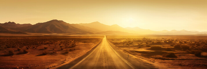 Road to horizon in desert landscape on sunset. Travel concept. Generative AI