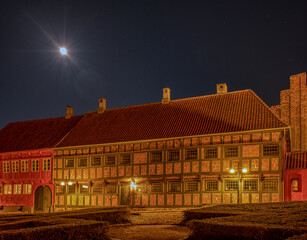 church office in a half-timbered house during the twilight hour