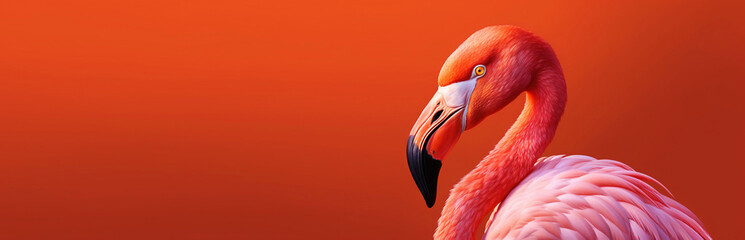 Fototapeta premium Flamingo profile on a red uniform background. Beautiful colorful bird. Generative AI