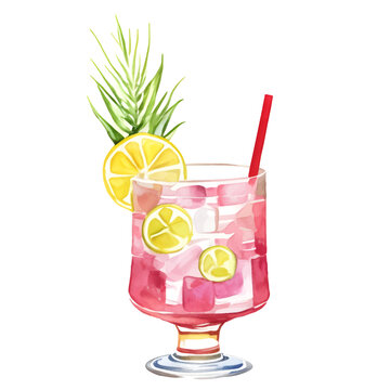 Watercolor summer cocktail sketch. Hand painted vector isolated drink with peppermint and lemon