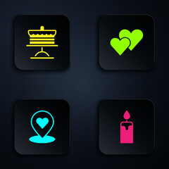 Set Burning candle, Cake on plate, Location with heart and Heart. Black square button. Vector