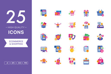 Vector set of Ecommerce and shopping icons. The collection comprises 25 vector icons for mobile applications and websites.