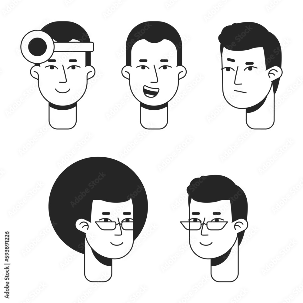 Poster happy short-haired men flat line monochromatic vector character heads set. simple outline avatar ico