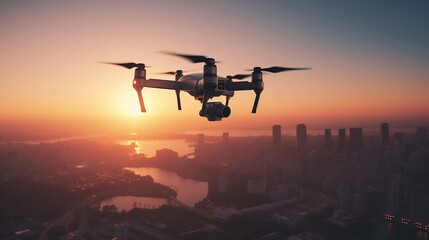 Fototapeta na wymiar A detailed image of a drone capturing an aerial view of a city skyline at sunset