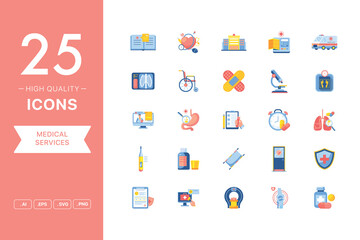 Vector set of Medical Service icons. The collection comprises 25 vector icons for mobile applications and websites.