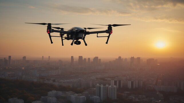 A detailed image of a drone capturing an aerial view of a city skyline at sunset