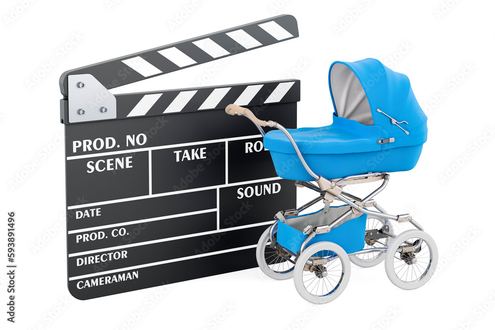 Poster clapperboard with baby stroller, 3d rendering
