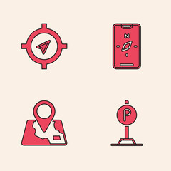 Set Parking, Compass, on mobile and Folded map with location marker icon. Vector