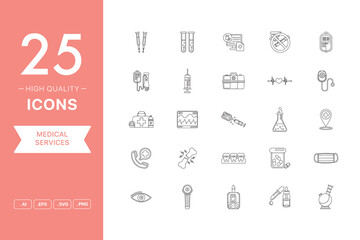 Vector set of Medical Service icons. The collection comprises 25 vector icons for mobile applications and websites.