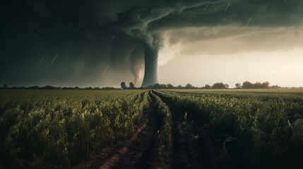 Naklejka na ściany i meble Beautiful tornado over a green field. AI generated