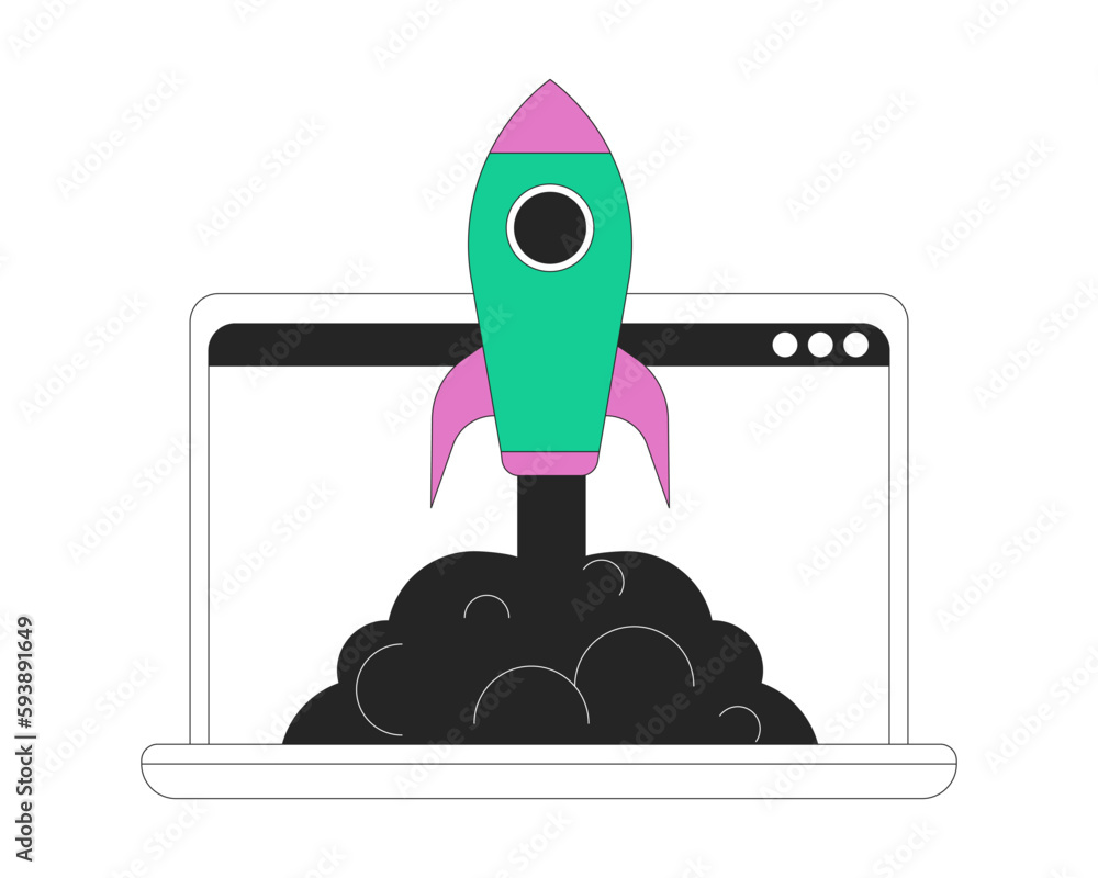 Poster launch e-commerce business flat line concept vector spot illustration. rocket in laptop 2d cartoon o
