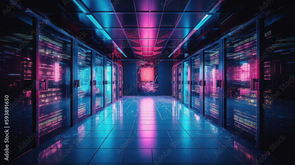 Poster picture of a data center with many rows of active. al generated