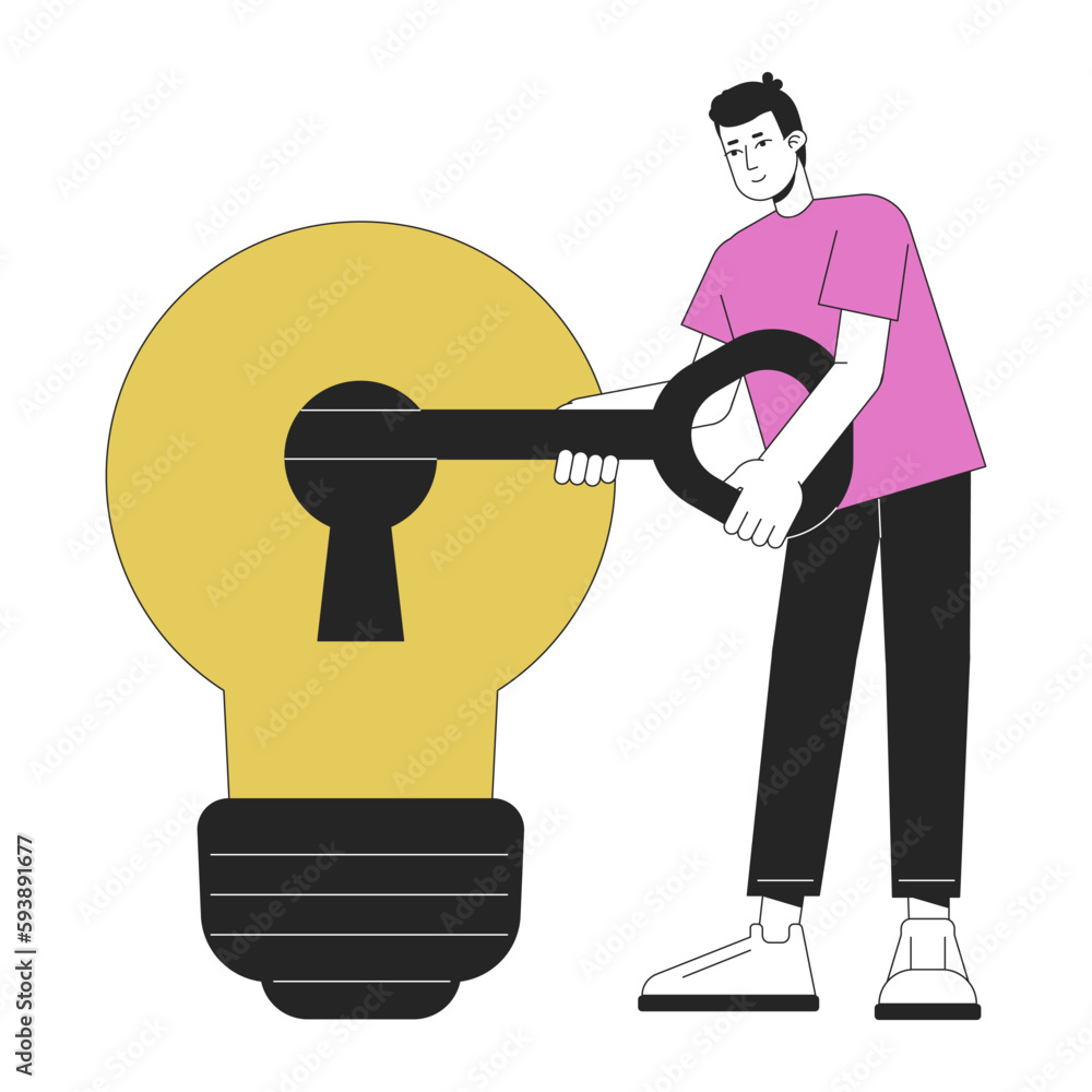 Poster unlock good idea for startup flat line concept vector spot illustration. entrepreneur 2d cartoon out