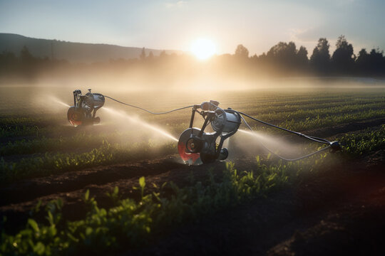 close-up image of a robotic vehicle navigating through crops on a high-tech agriculture farm with cinematic lights, showcasing the use of automation in modern farming practices ai generated art