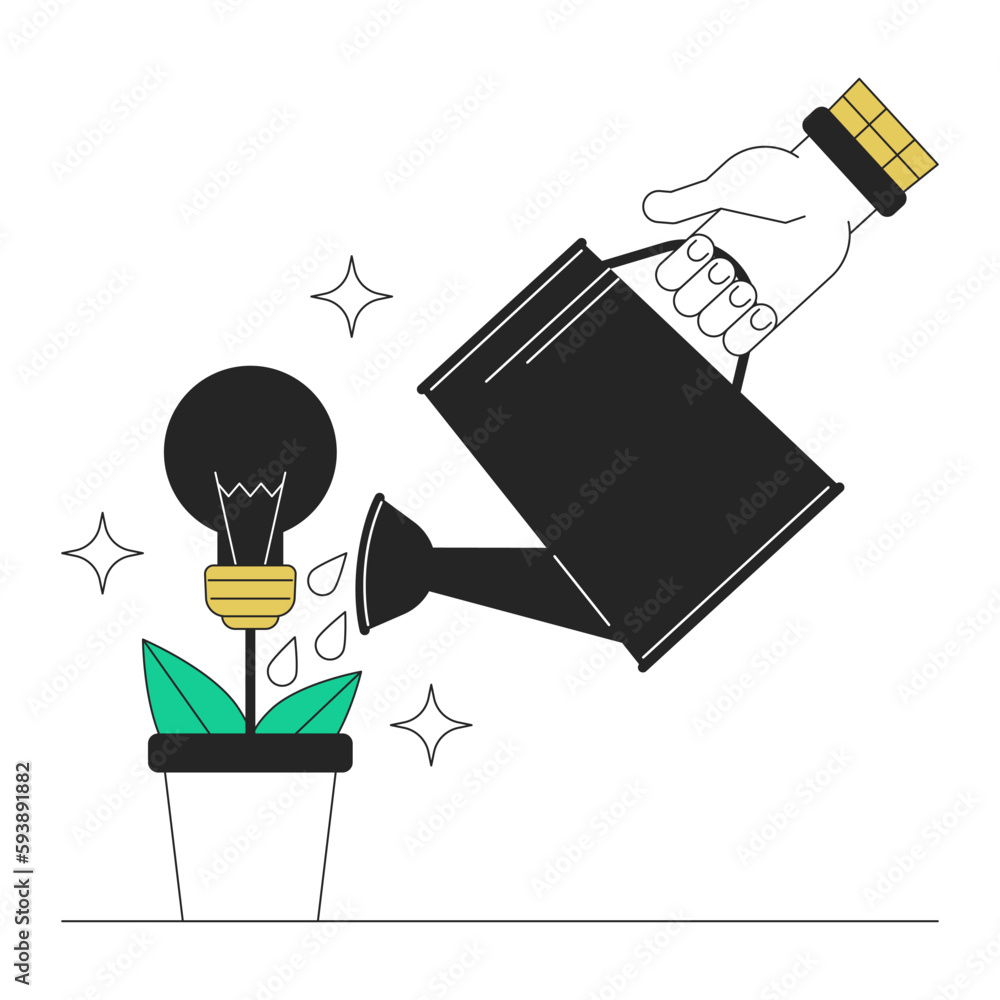 Poster watering creative startup idea flat line concept vector spot illustration. light bulb 2d cartoon out