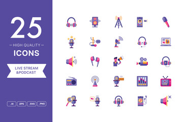 Vector set of Podcast icons. The collection comprises 25 vector icons for mobile applications and websites.