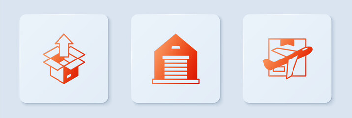 Set Warehouse, Unboxing and Plane and cardboard. White square button. Vector