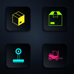 Set Forklift truck, Carton cardboard box, Scale and . Black square button. Vector