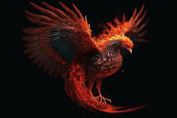 Fototapeta premium Experience the fiery rebirth of a majestic phoenix, its wings flapping flames against a dark backdrop. Perfect for powerful and mystical designs generative ai