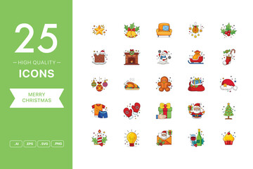 Vector set of Merry Christmas icons. The collection comprises 25 vector icons for mobile applications and websites.