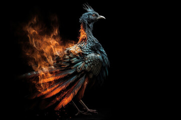 Experience the fiery rebirth of a majestic phoenix, its wings flapping flames against a dark backdrop. Perfect for powerful and mystical designs generative ai