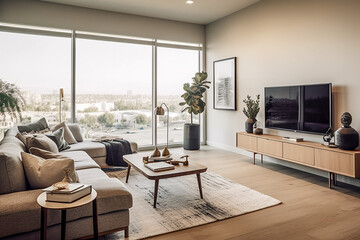 Fototapeta premium Modern Living Room. Generative AI. A digital painting of a photographic study of a modern living room.