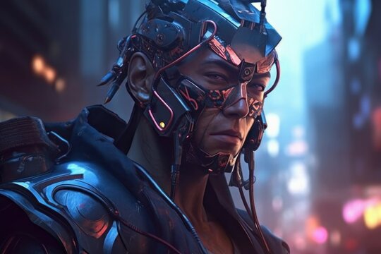 Samurai man character in cyberpunk. Generate Ai