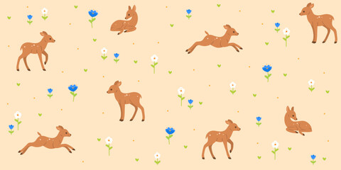 Simple seamless trendy animal pattern with fawn and flower. Cartoon vector illustration.