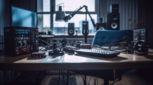 Professional microphone and sound mixer in radio station studio. AI generated