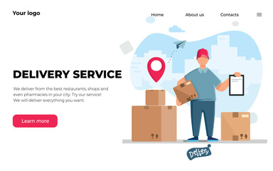 Man courier in uniform with a box. Landing page