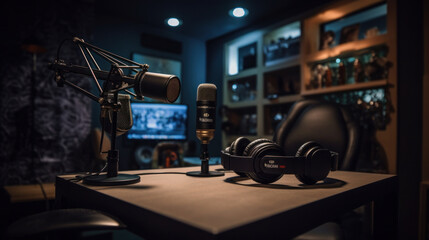 Fototapeta na wymiar Professional microphone and sound mixer in radio station studio. AI generated
