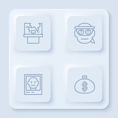 Set line Broken window, Bandit, Wanted poster and Money bag. White square button. Vector