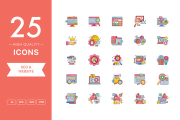 Vector set of SEO and Website icons. The collection comprises 25 vector icons for mobile applications and websites.