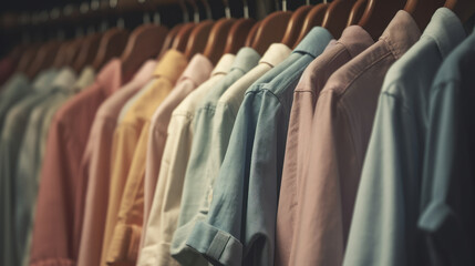 Row of colorful clothes on hangers in pastel colors. Al generated