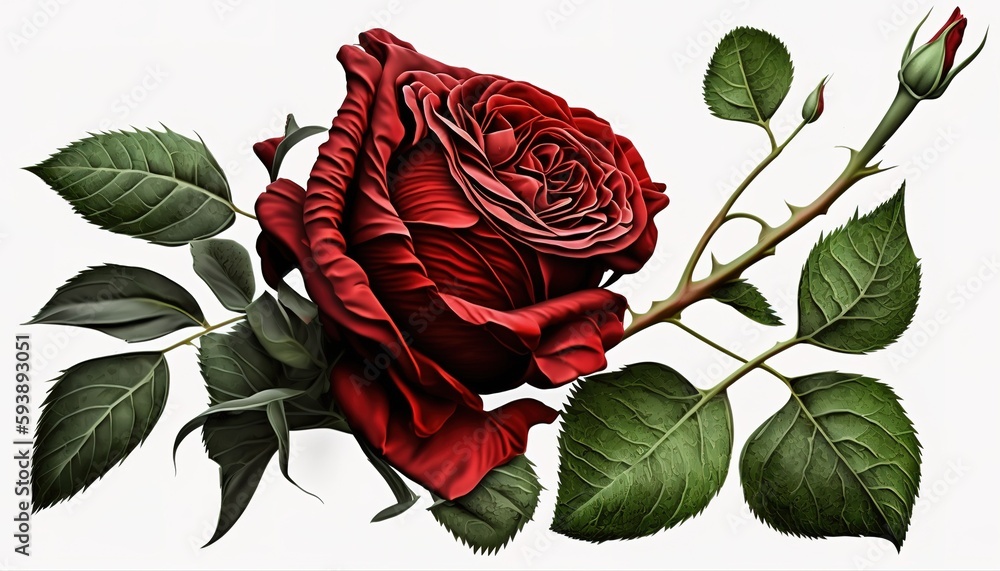Poster a single red rose on a white backdrop generative ai
