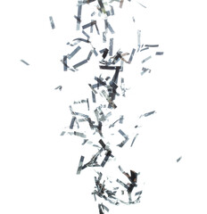 Silver Confetti Foil fall splashing in air. Silver Confetti Foil explosion flying, abstract cloud fly. Many Party glitter scatter in many group. White background isolated high speed shutter freeze