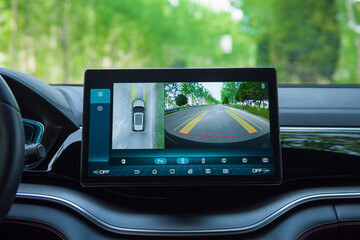 Interior of luxury car Working of front camera of circular 360 degrees view system