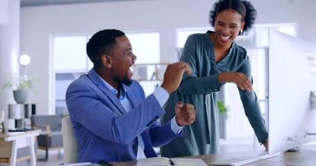 Winner, success or happy black people high five in celebration of business deal or startup project. Teamwork, support or excited employees celebrate winning a bonus, target achievement or sales goals