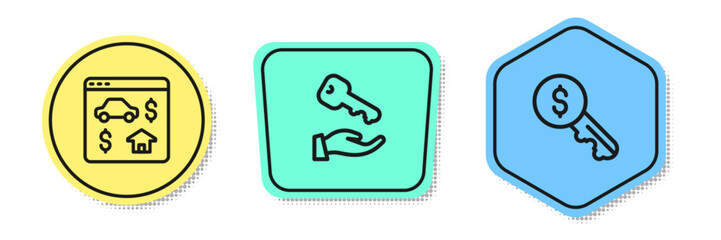 Set line Online real estate, House key and Rent. Colored shapes. Vector