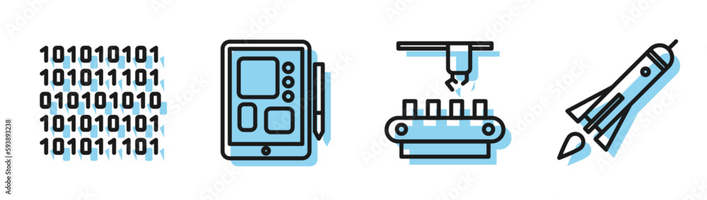 Aufkleber set line factory conveyor system belt, binary code, graphic tablet and rocket ship with fire icon. v