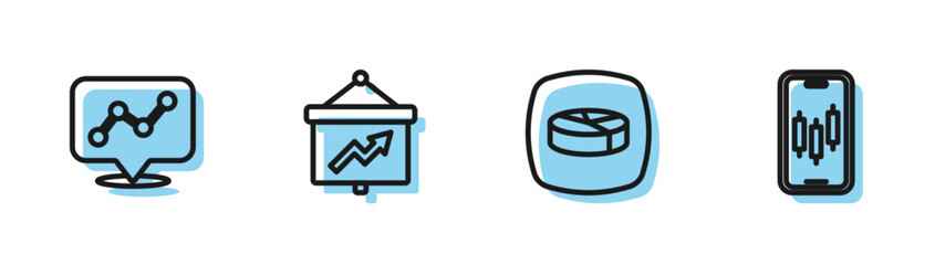 Set line Pie chart infographic, Graph, Board with and Mobile stock trading icon. Vector