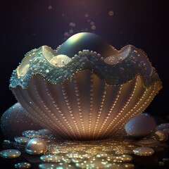 Pearls shell with pearls cinematic lighting photo realistic. Pearls shell in 3d style illustration. White pearls. Generative AI.