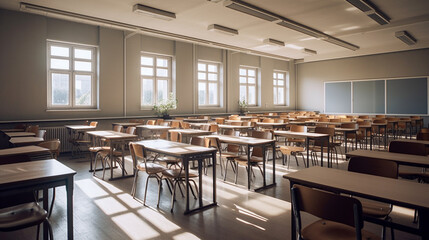 Fototapeta na wymiar A well-organized classroom with rows of desks and chairs bathed in cinematic lights, showcasing an ideal learning space for students AI generated illustration