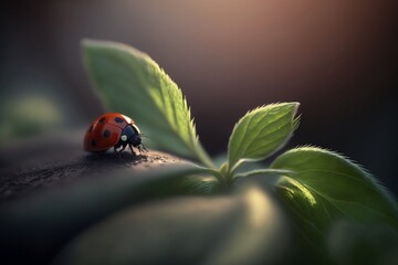 Obraz premium Ladybug crawling on green shoot, close-up insect life. Generative AI
