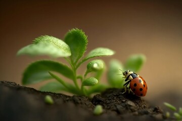 Ladybug crawling on green shoot, close-up insect life. Generative AI